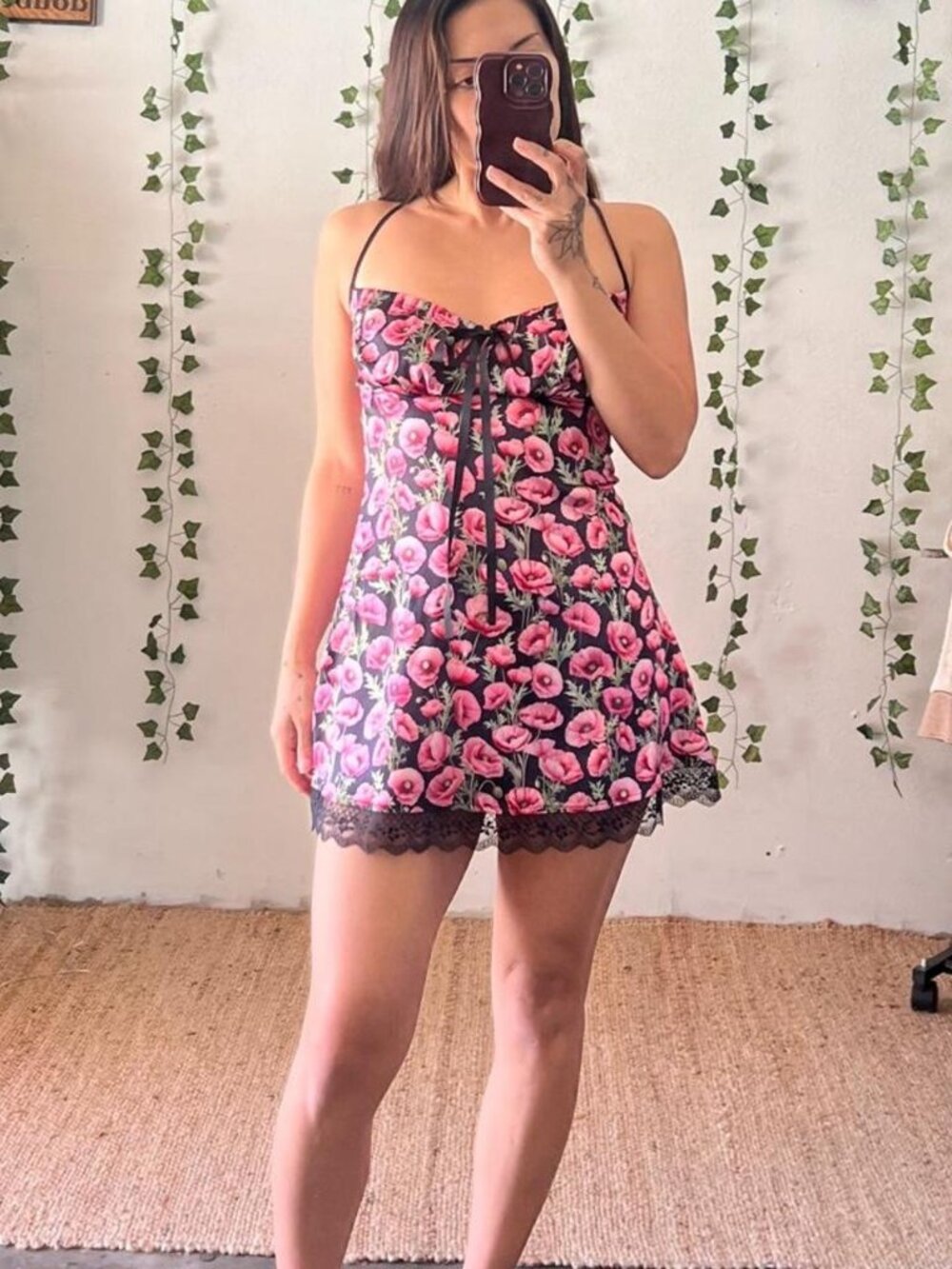 Sugar Thrillz “Ciao Love” floral slip dress with lace trim and lace back size M